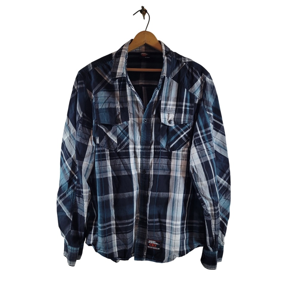 Vintage Y2K No Fear Button Down Shirt Men Large Blue Excellent Plaid Long Sleeve